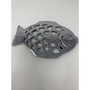 Vintage Silver Metal Cast Iron Fish Trivet Cottagecore Kitchen Wall Decor